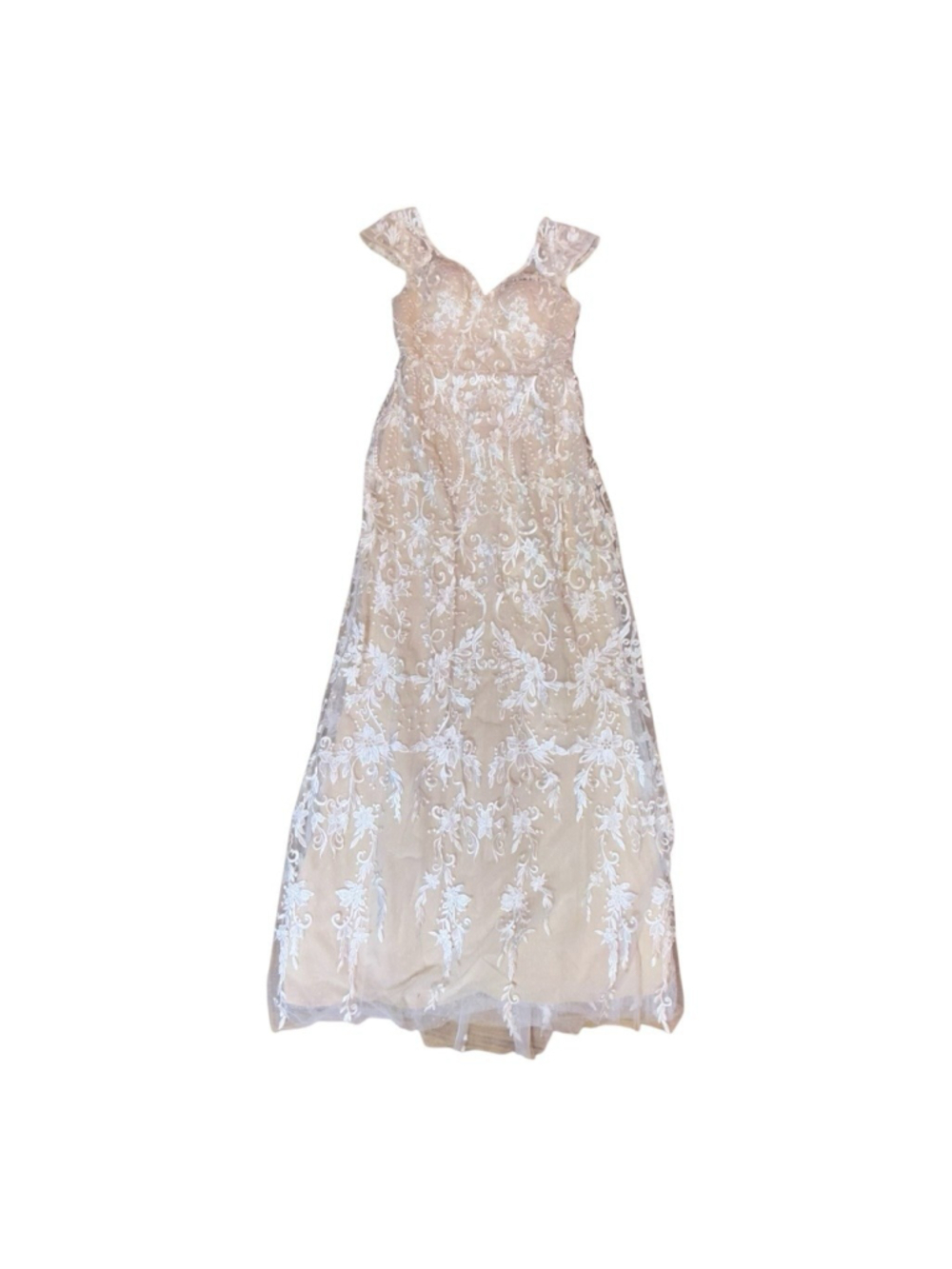 Azazie Ivory Lace Formal Gown Champagne Embroidered Maxi Wedding Dress